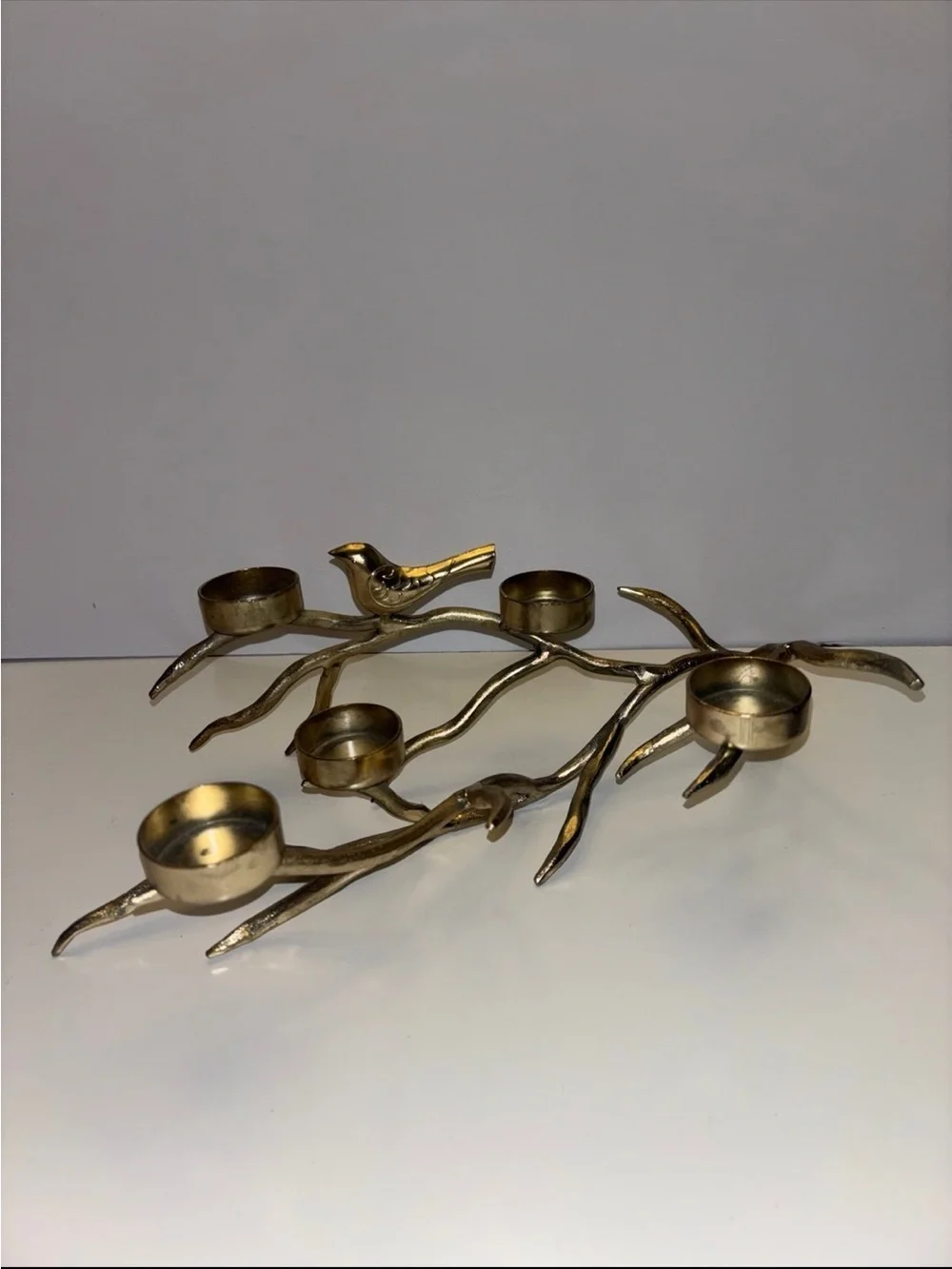 Vintage gold, color, bird and branch five votive candle holder decor